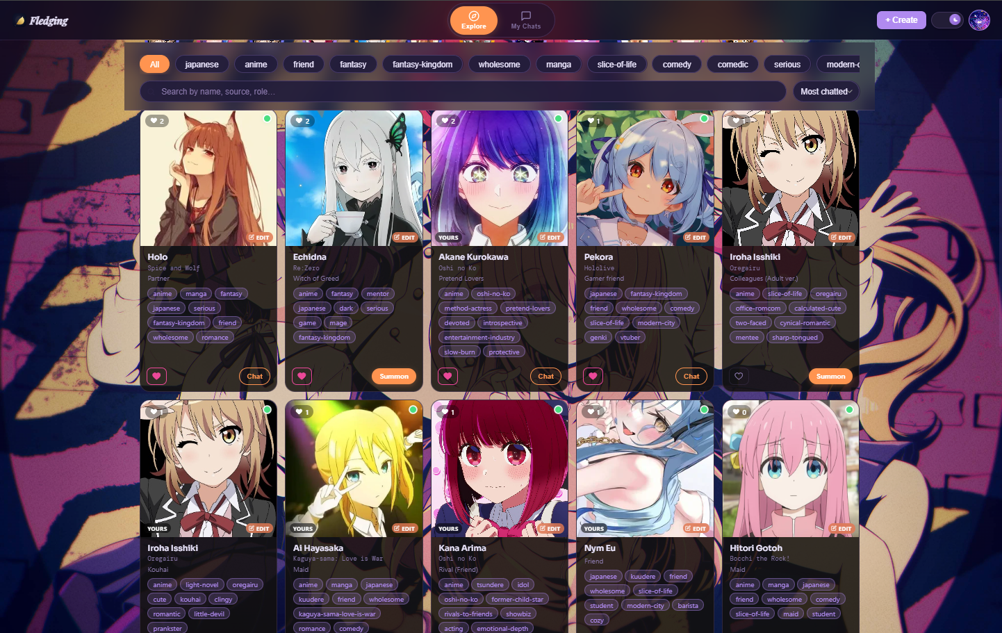 Companion grid showing characters from Bocchi the Rock, Fate, Genshin, Hololive and more